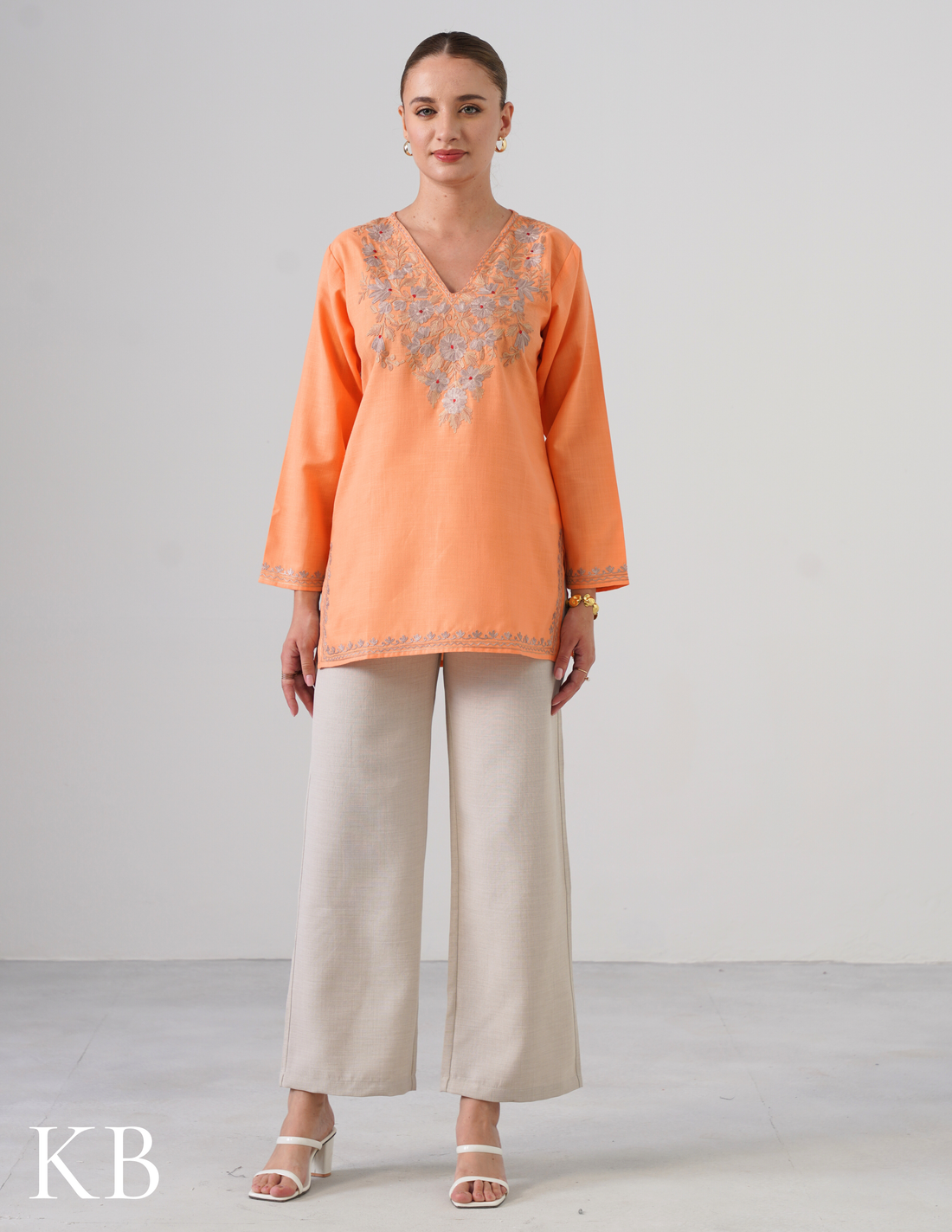 Peach Embroidered Short Kurti for Women - Cotton Aari Work