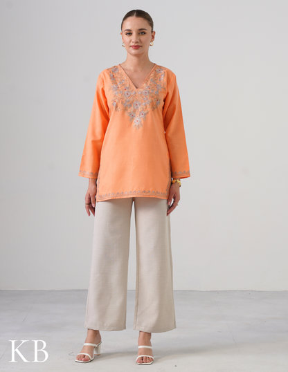 Peach Embroidered Short Kurti for Women - Cotton Aari Work