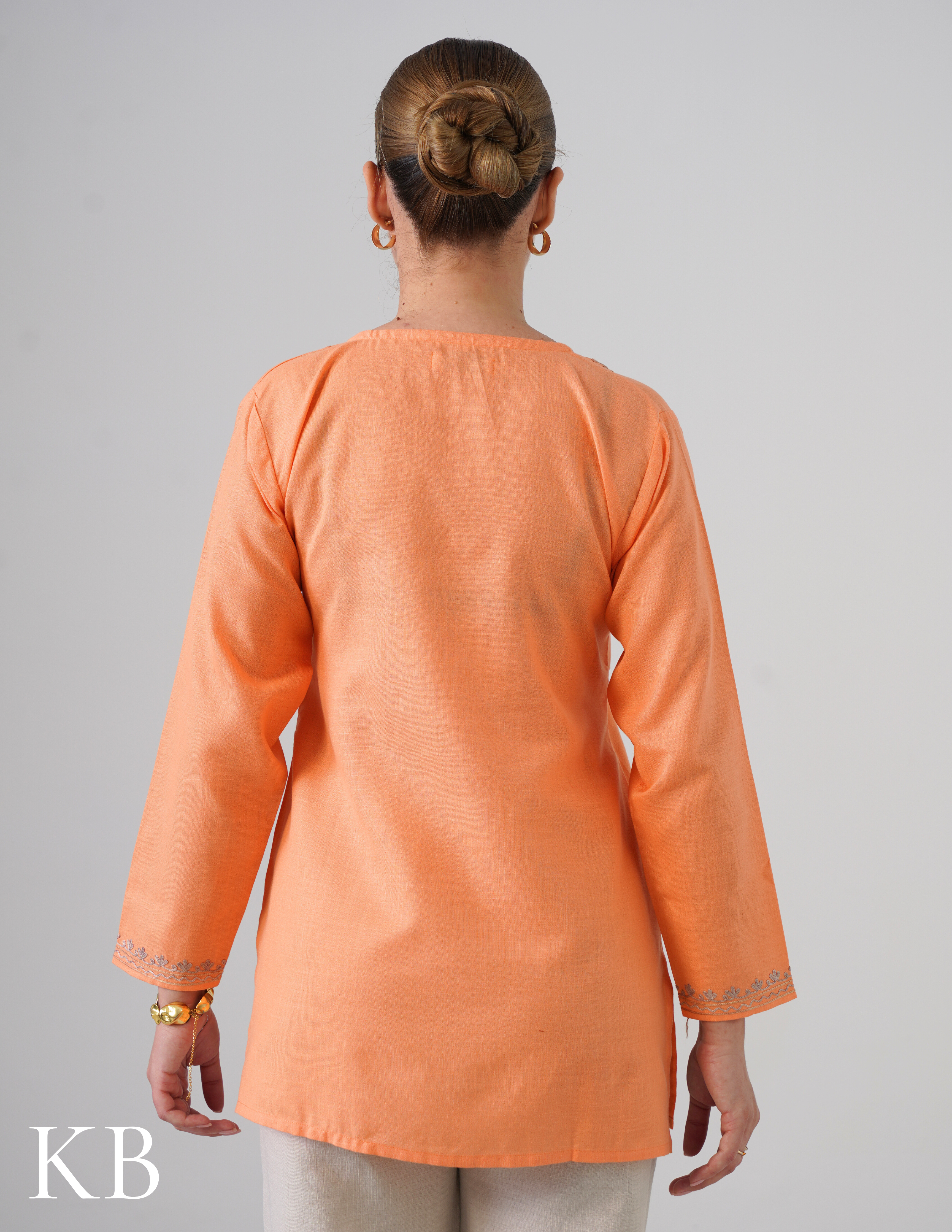 Peach Embroidered Short Kurti for Women - Cotton Aari Work