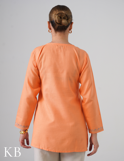Peach Embroidered Short Kurti for Women - Cotton Aari Work