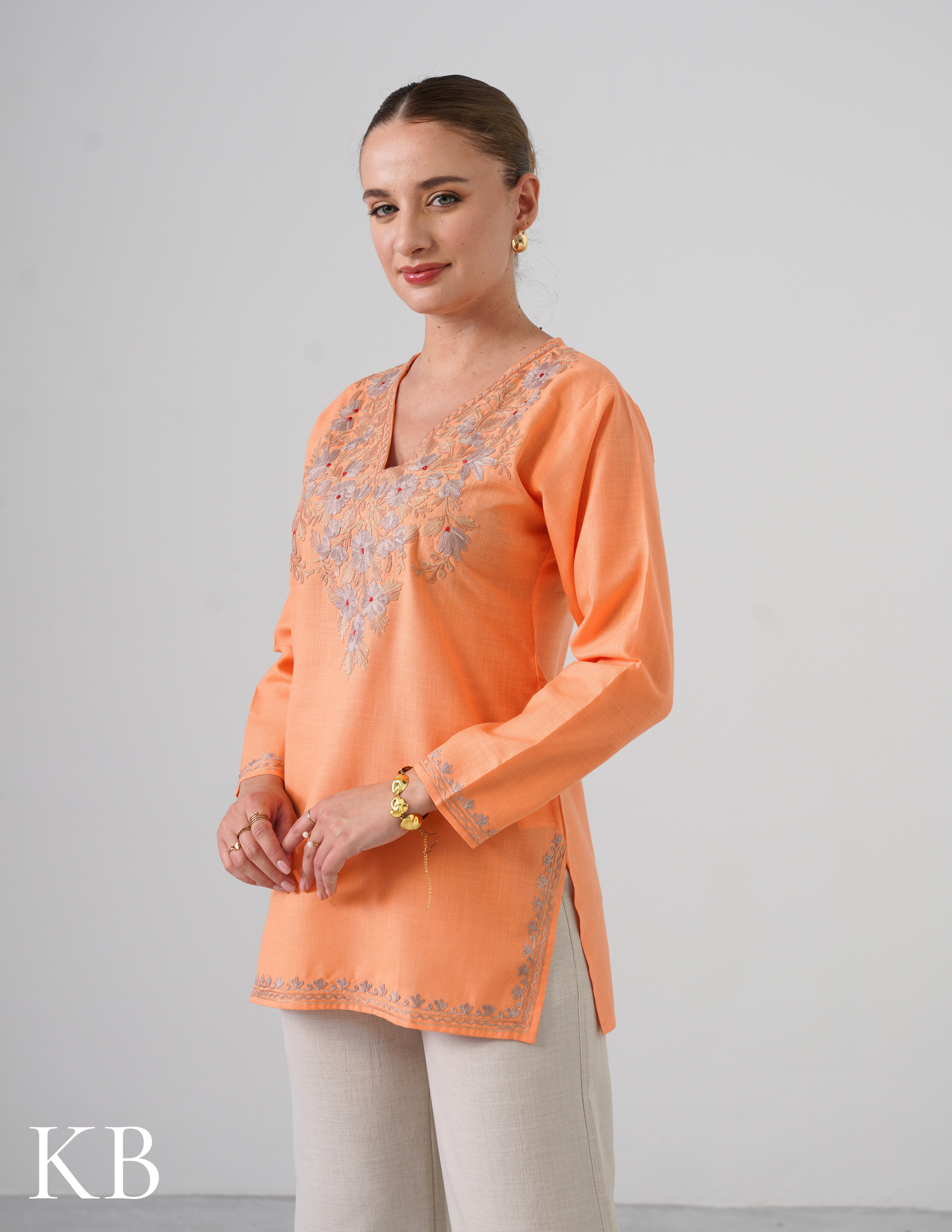Peach Embroidered Short Kurti for Women - Cotton Aari Work