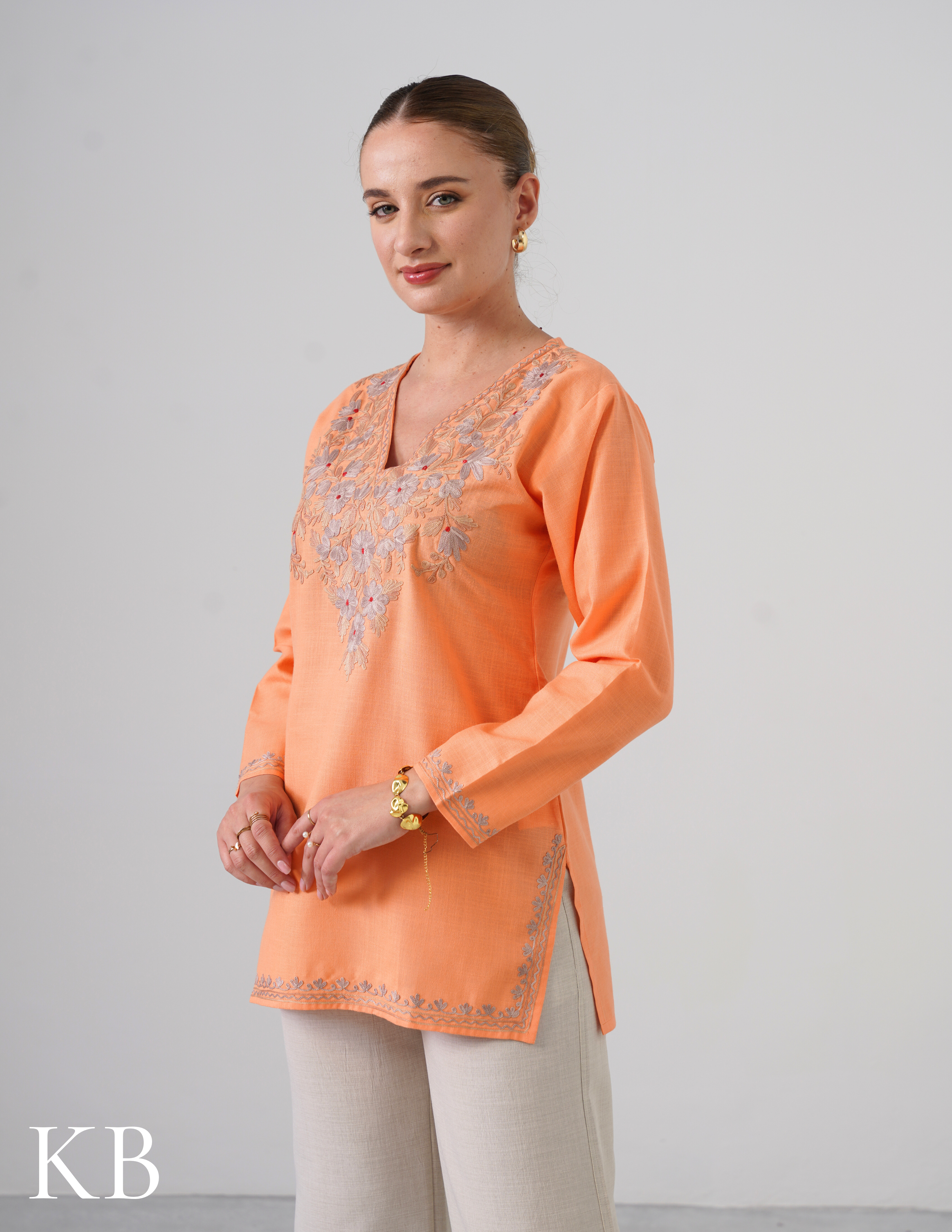 Peach Embroidered Short Kurti for Women - Cotton Aari Work