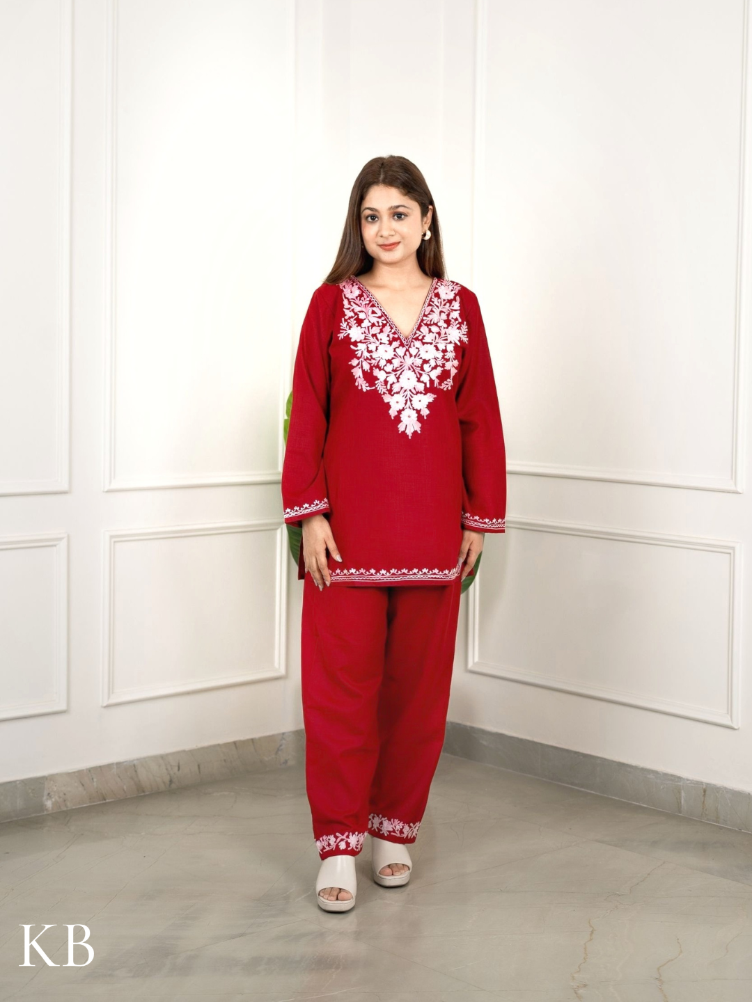 Blush Maroon Embroidered Coord Set For Women - Cotton Aari Work