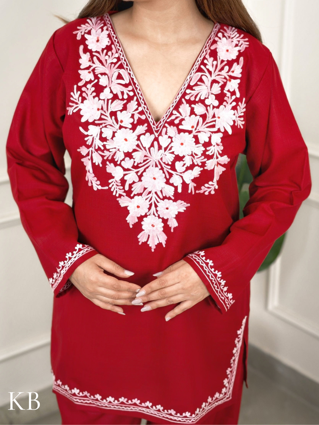 Blush Maroon Embroidered Coord Set For Women - Cotton Aari Work