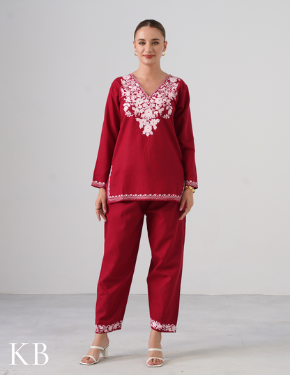 Blush Maroon Embroidered Coord Set For Women - Cotton Aari Work