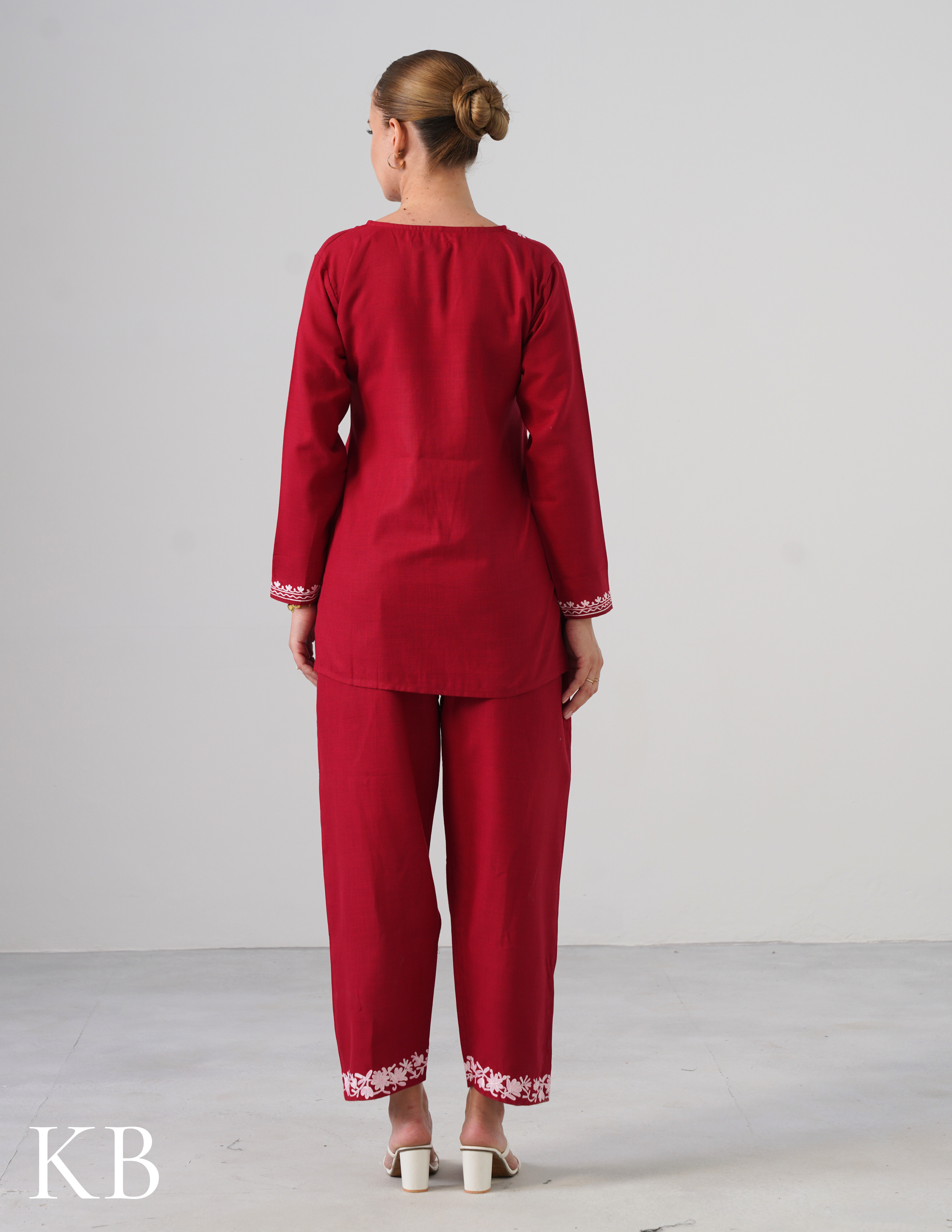 Blush Maroon Embroidered Coord Set For Women - Cotton Aari Work