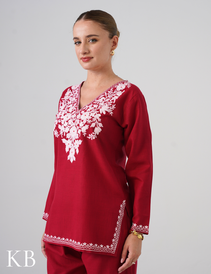 Blush Maroon Embroidered Coord Set For Women - Cotton Aari Work
