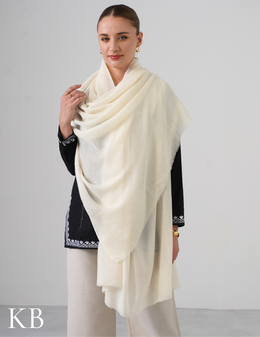 Off White Solid Woollen Shawl | Subtle Everyday Essential - Kashmir Box