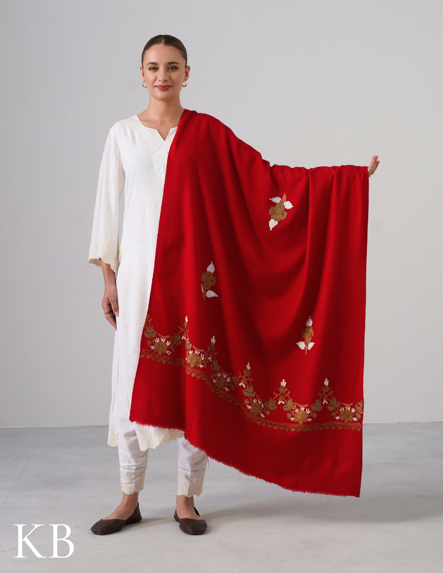 Cherry Red Woollen Shawl with White &amp; Golden Brown Aari Embroidery | Kashmiri Craft Meets Comfort - Kashmir Box