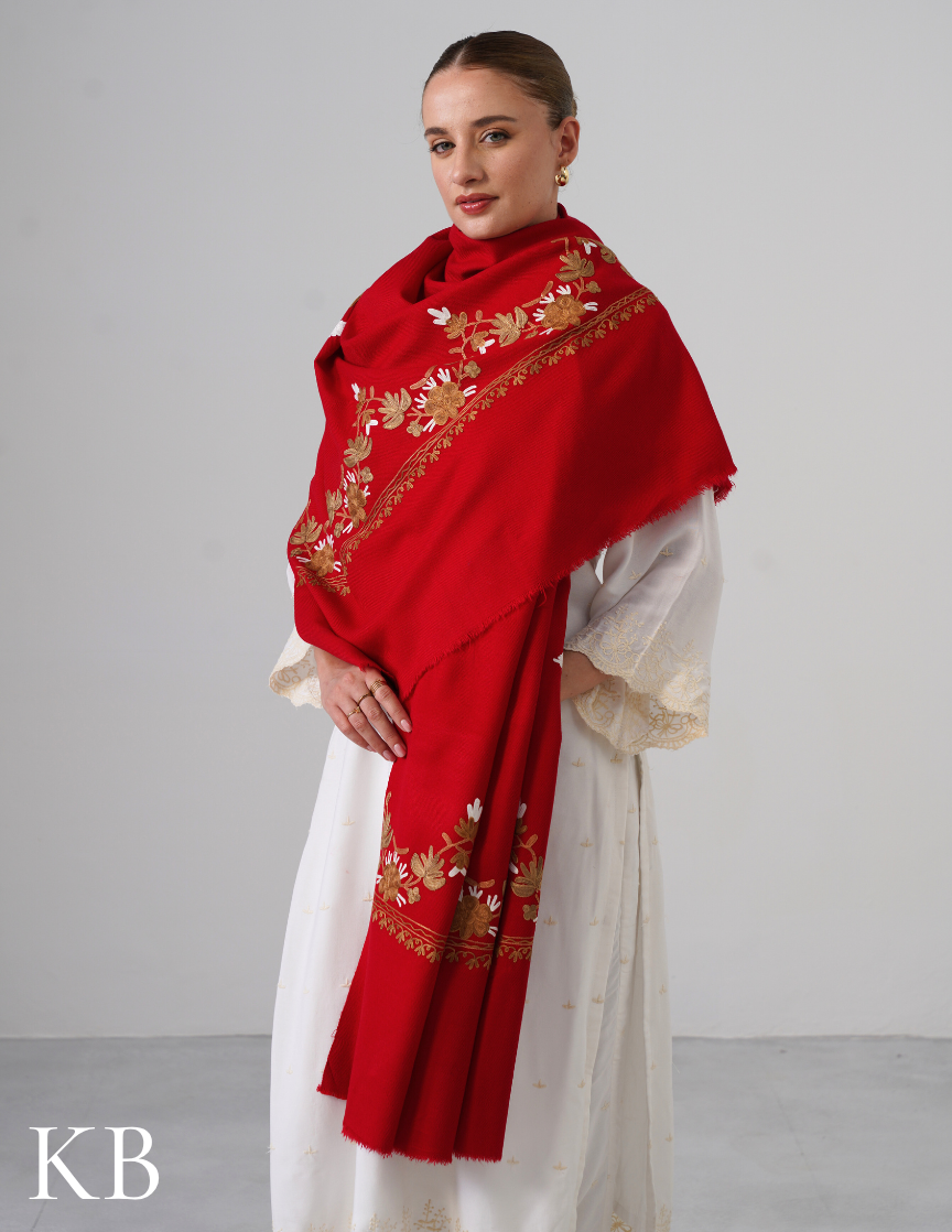 Cherry Red Woollen Shawl with White &amp; Golden Brown Aari Embroidery | Kashmiri Craft Meets Comfort - Kashmir Box