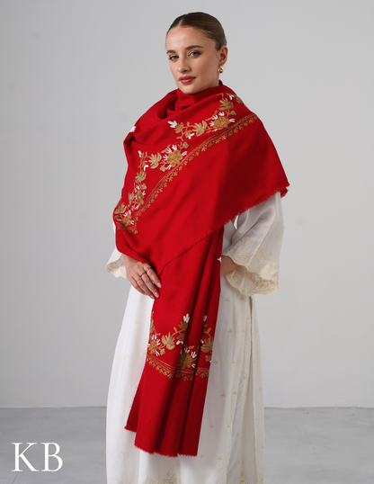 Cherry Red Woollen Shawl with White &amp; Golden Brown Aari Embroidery | Kashmiri Craft Meets Comfort - Kashmir Box