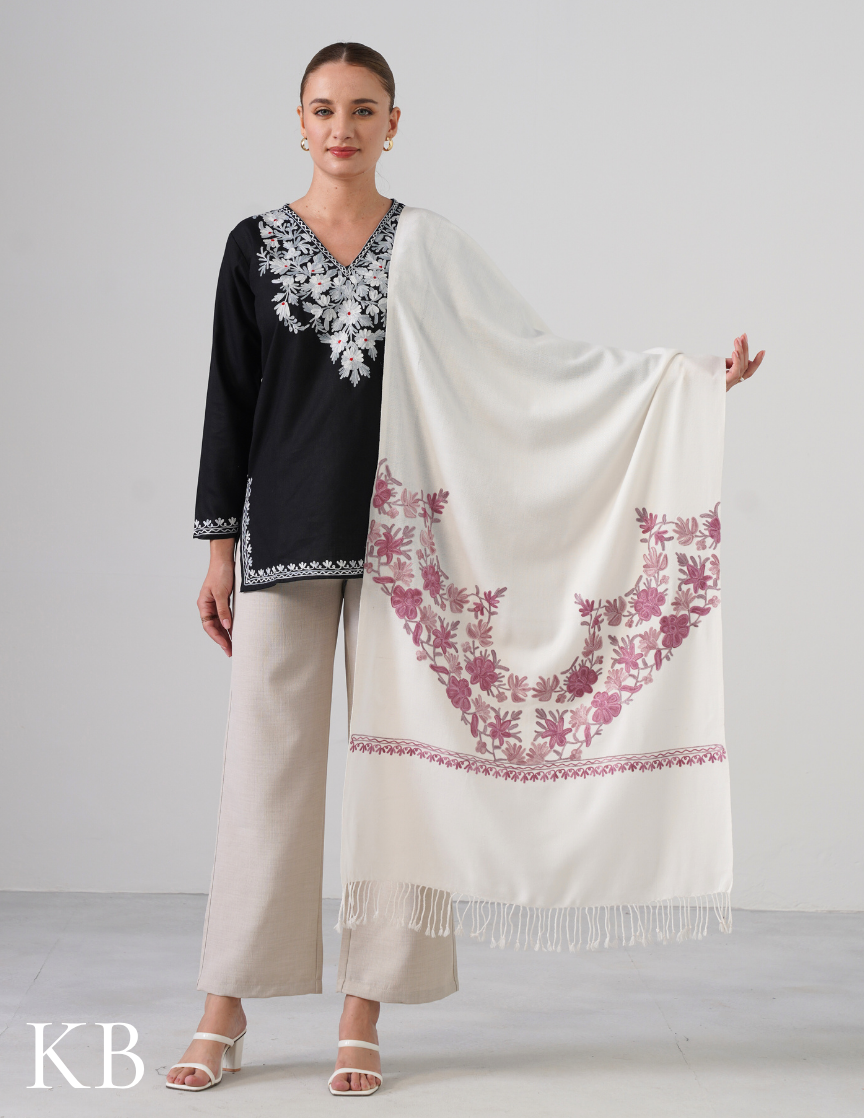 White Woollen Stole with Shades of Lavender Aari Work | Subtle Kashmiri Detailing - Kashmir Box