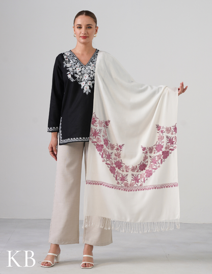 White Woollen Stole with Shades of Lavender Aari Work | Subtle Kashmiri Detailing - Kashmir Box