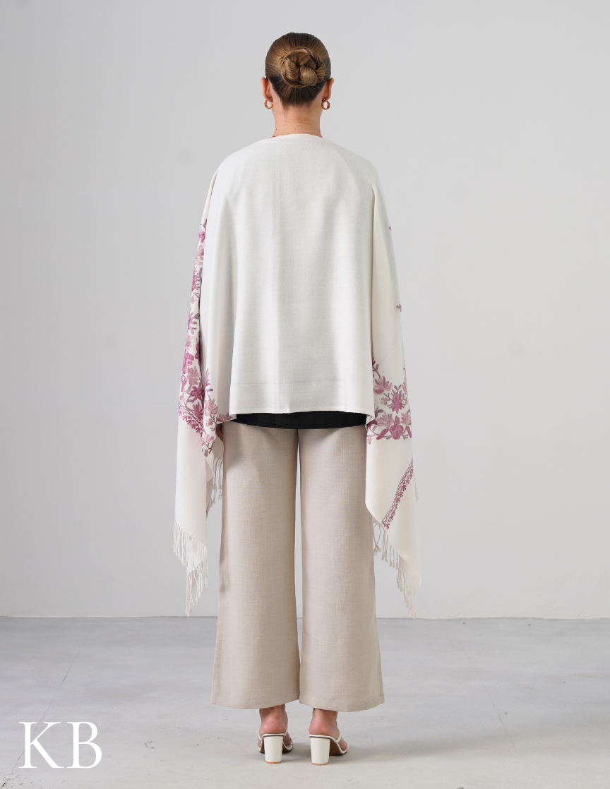 White Woollen Stole with Shades of Lavender Aari Work | Subtle Kashmiri Detailing - Kashmir Box