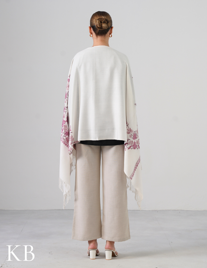White Woollen Stole with Shades of Lavender Aari Work | Subtle Kashmiri Detailing - Kashmir Box