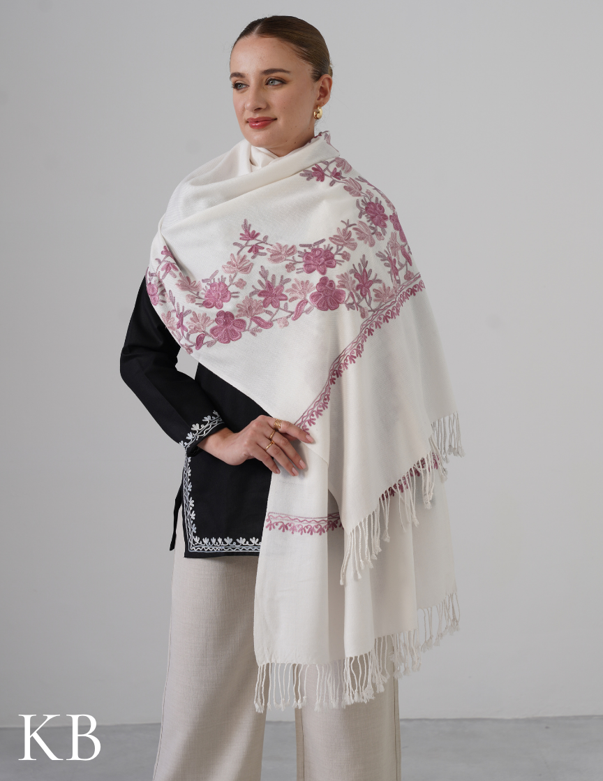 White Woollen Stole with Shades of Lavender Aari Work | Subtle Kashmiri Detailing - Kashmir Box