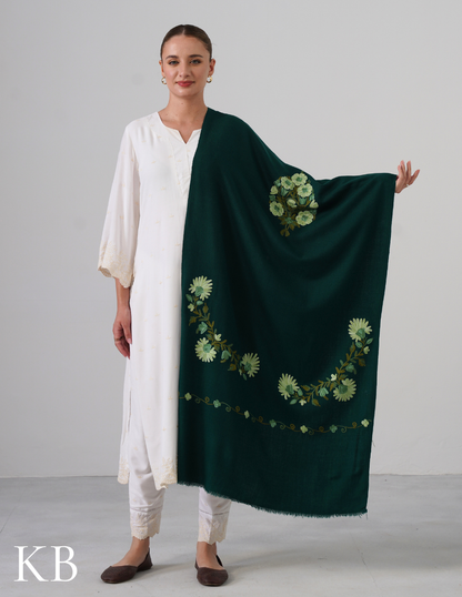 Avocado Green Woollen Stole with Pastel Aari Embroidery | Everyday Kashmiri Craft - Kashmir Box
