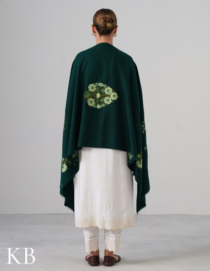Avocado Green Woollen Stole with Pastel Aari Embroidery | Everyday Kashmiri Craft - Kashmir Box