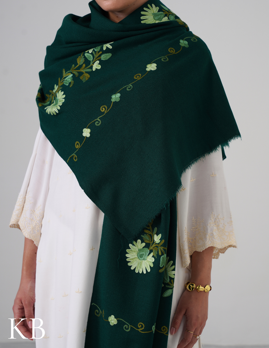Avocado Green Woollen Stole with Pastel Aari Embroidery | Everyday Kashmiri Craft - Kashmir Box