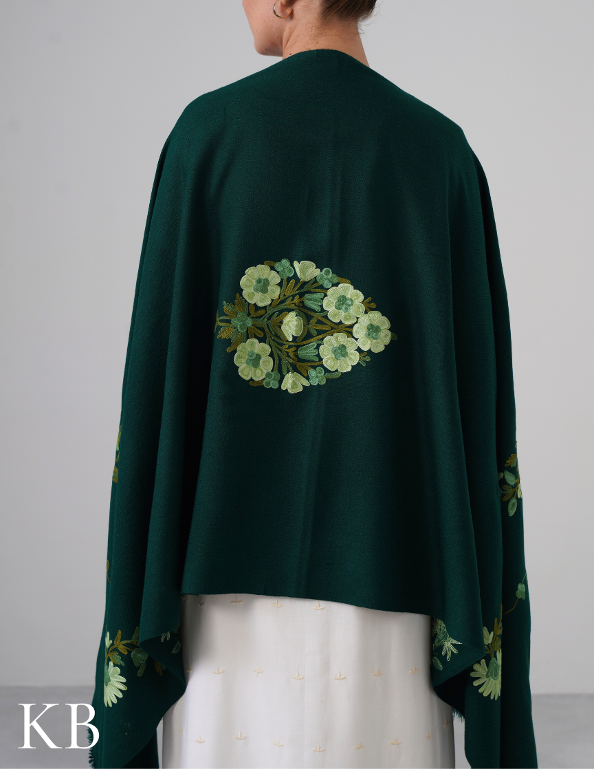 Avocado Green Woollen Stole with Pastel Aari Embroidery | Everyday Kashmiri Craft - Kashmir Box