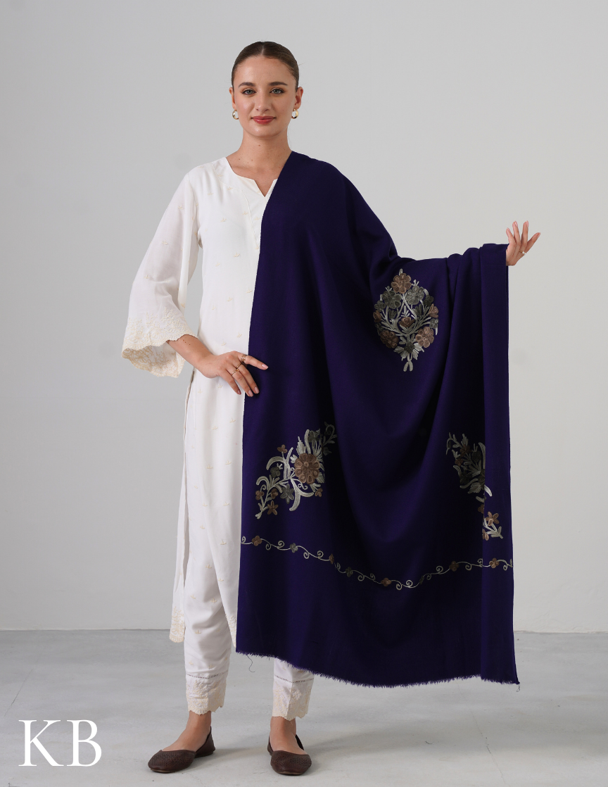 Royal Blue Woollen Shawl with Olive Aari Embroidery | Handcrafted Kashmiri Detail - Kashmir Box