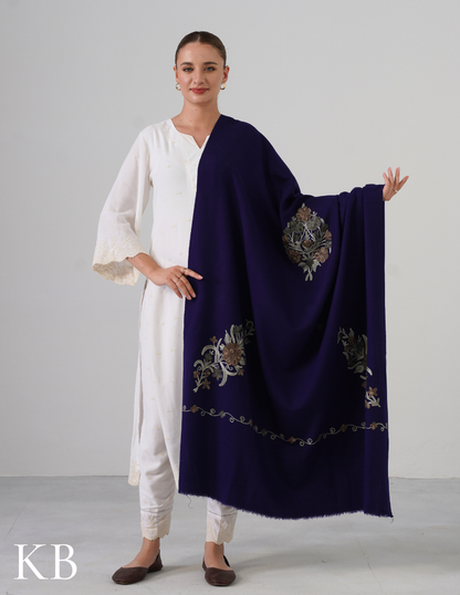 Royal Blue Woollen Shawl with Olive Aari Embroidery | Handcrafted Kashmiri Detail - Kashmir Box
