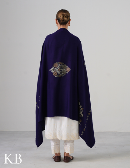 Royal Blue Woollen Shawl with Olive Aari Embroidery | Handcrafted Kashmiri Detail - Kashmir Box