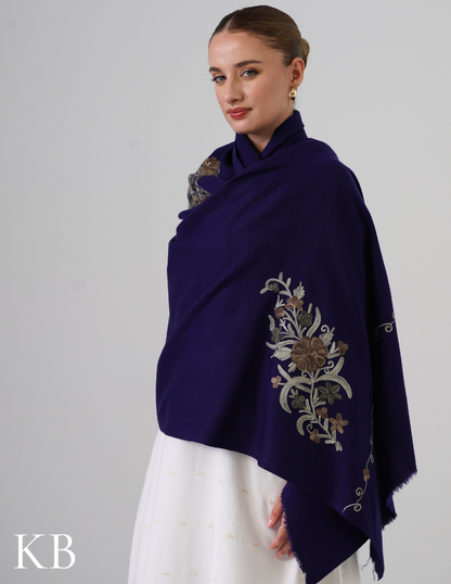 Royal Blue Woollen Shawl with Olive Aari Embroidery | Handcrafted Kashmiri Detail - Kashmir Box