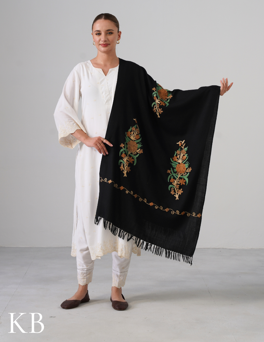 Black Woollen Stole with Golden Brown &amp; Green Aari Work | Elegant Kashmiri Detailing - Kashmir Box