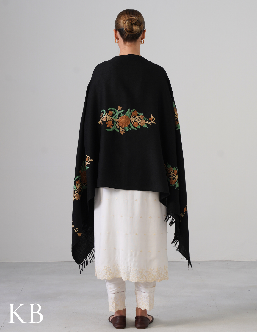 Black Woollen Stole with Golden Brown &amp; Green Aari Work | Elegant Kashmiri Detailing - Kashmir Box