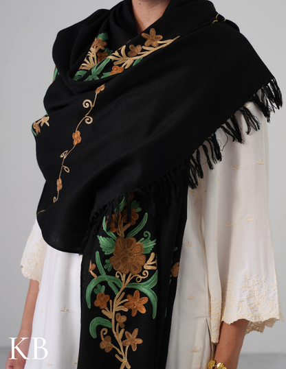 Black Woollen Stole with Golden Brown &amp; Green Aari Work | Elegant Kashmiri Detailing - Kashmir Box