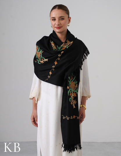 Black Woollen Stole with Golden Brown &amp; Green Aari Work | Elegant Kashmiri Detailing - Kashmir Box