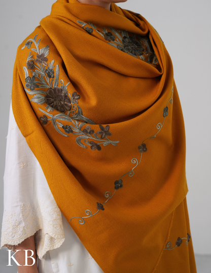 Mustard Woollen Shawl with Shades of Grey Aari Embroidery | Everyday Kashmiri Art - Kashmir Box