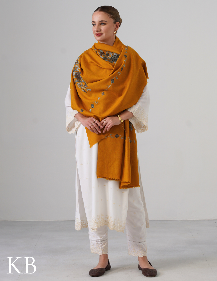 Mustard Woollen Shawl with Shades of Grey Aari Embroidery | Everyday Kashmiri Art - Kashmir Box