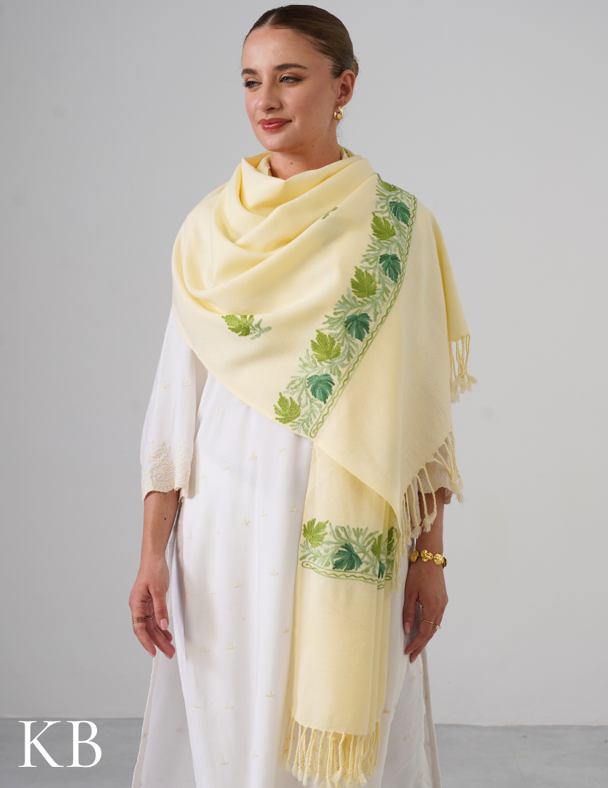 Butter Cream Woollen Stole with Shades of Green Aari Embroidery | Subtle Kashmiri Detailing - Kashmir Box