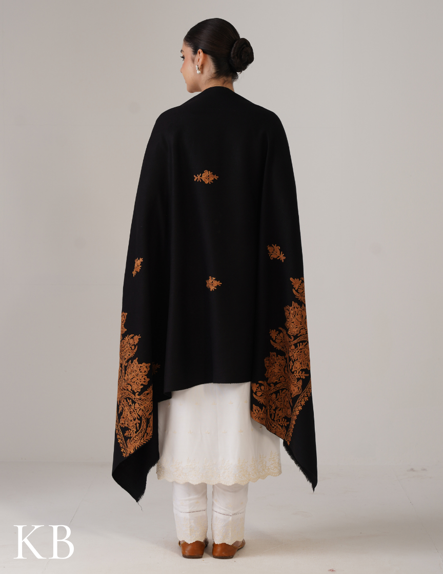 Black Woollen Shawl with Golden Brown Aari Work | Everyday Kashmiri Elegance - Kashmir Box