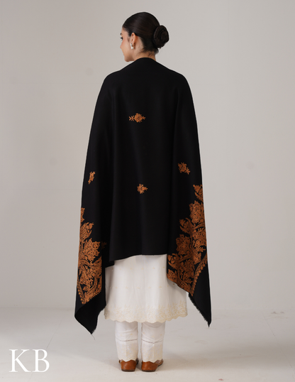 Black Woollen Shawl with Golden Brown Aari Work | Everyday Kashmiri Elegance - Kashmir Box