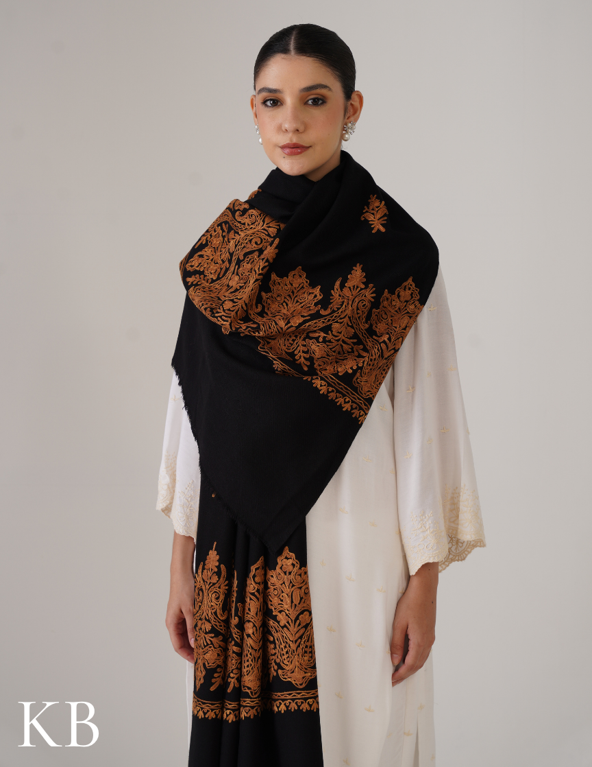 Black Woollen Shawl with Golden Brown Aari Work | Everyday Kashmiri Elegance - Kashmir Box