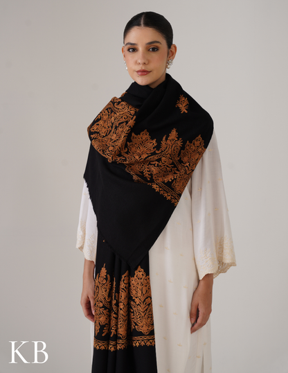 Black Woollen Shawl with Golden Brown Aari Work | Everyday Kashmiri Elegance - Kashmir Box