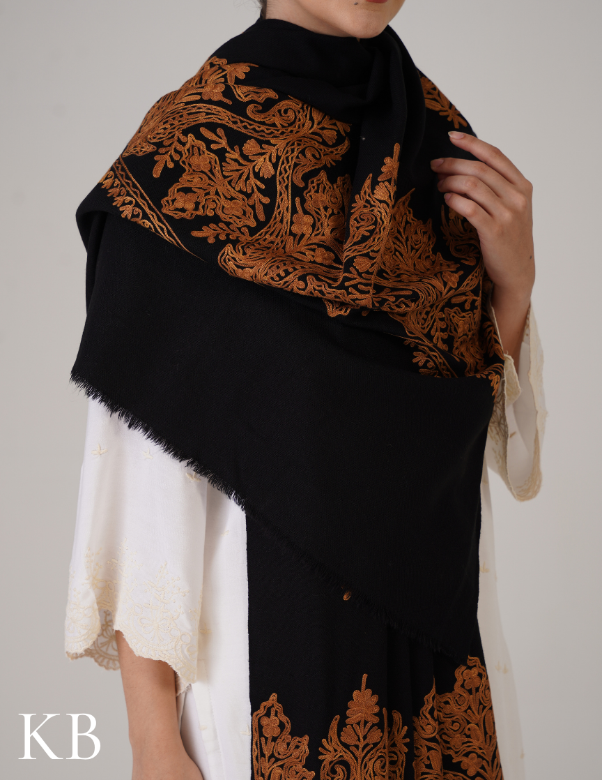 Black Woollen Shawl with Golden Brown Aari Work | Everyday Kashmiri Elegance - Kashmir Box