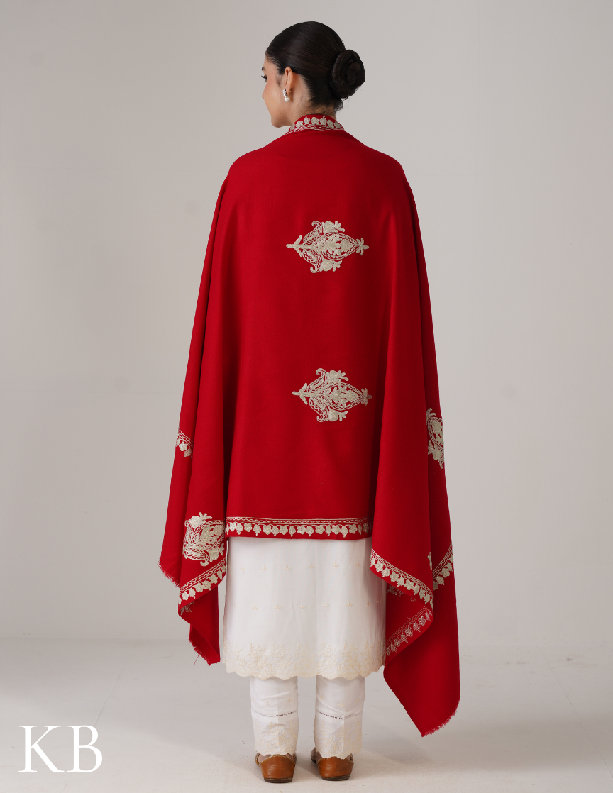 Red Woollen Shawl with Tilla Work | Classic Kashmiri Embellishment - Kashmir Box