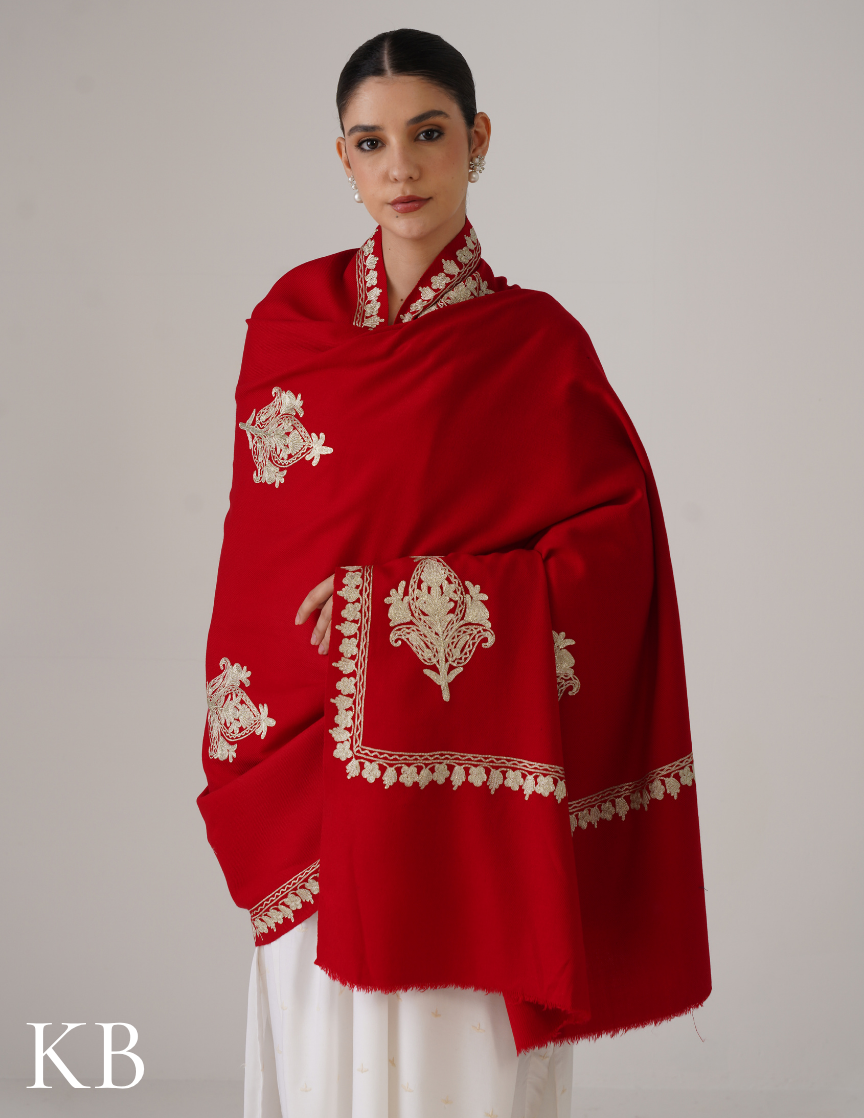 Red Woollen Shawl with Tilla Work | Classic Kashmiri Embellishment - Kashmir Box