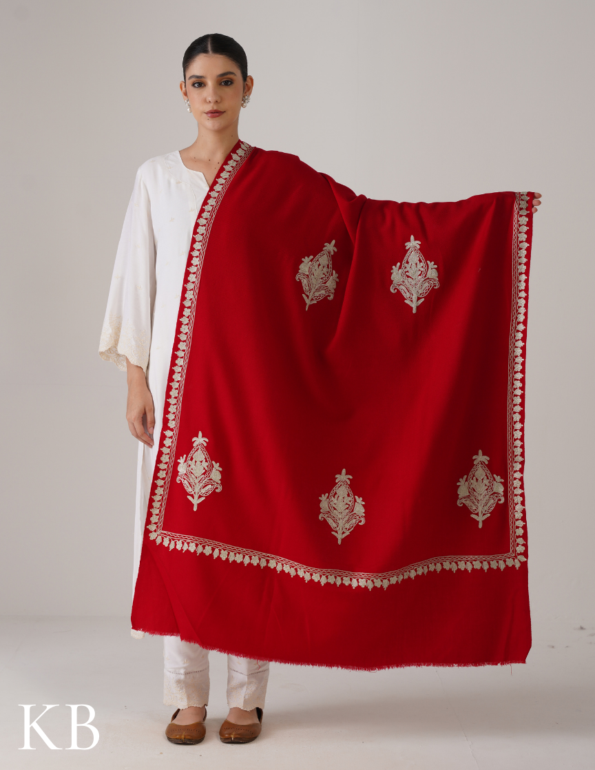 Red Woollen Shawl with Tilla Work | Classic Kashmiri Embellishment - Kashmir Box