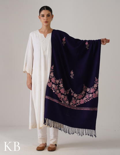 Navy Blue Woollen Stole with Shades of Lavender Aari Embroidery | Elegant Daily Wrap - Kashmir Box