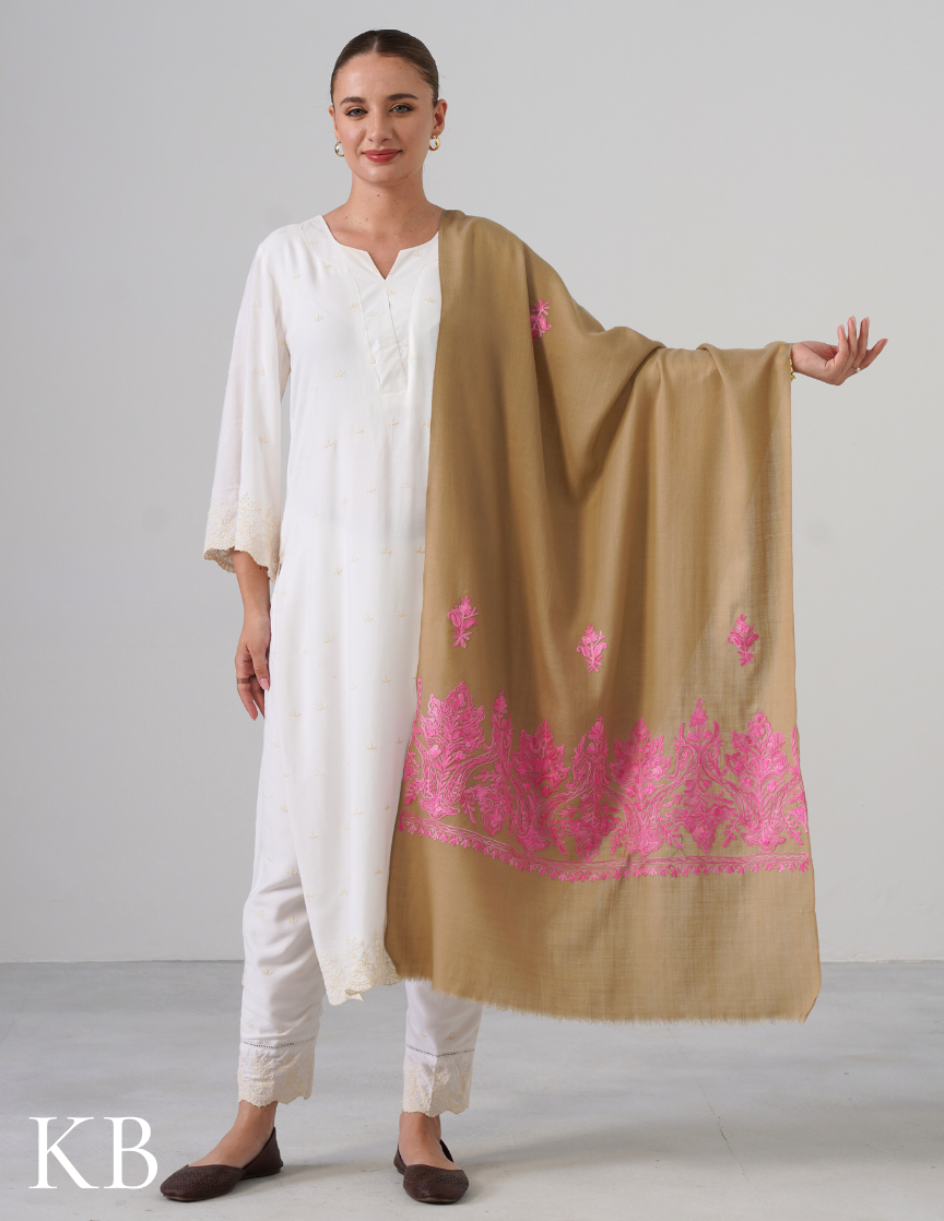 Natural Woollen Stole with Pink Aari Embroidery | Soft and Subtle - Kashmir Box