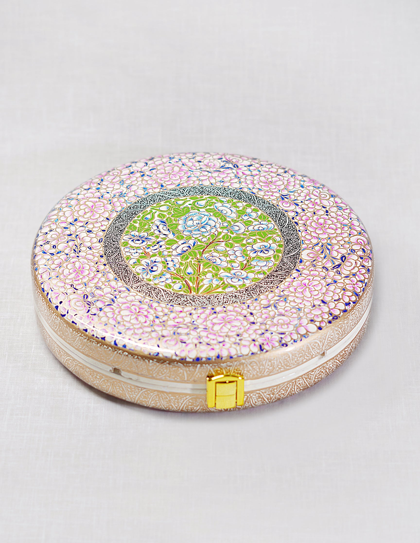 Papier-Mâché Round Clutch — Hand-Painted Design | Ø 20 cm × 4.5 cm (H)