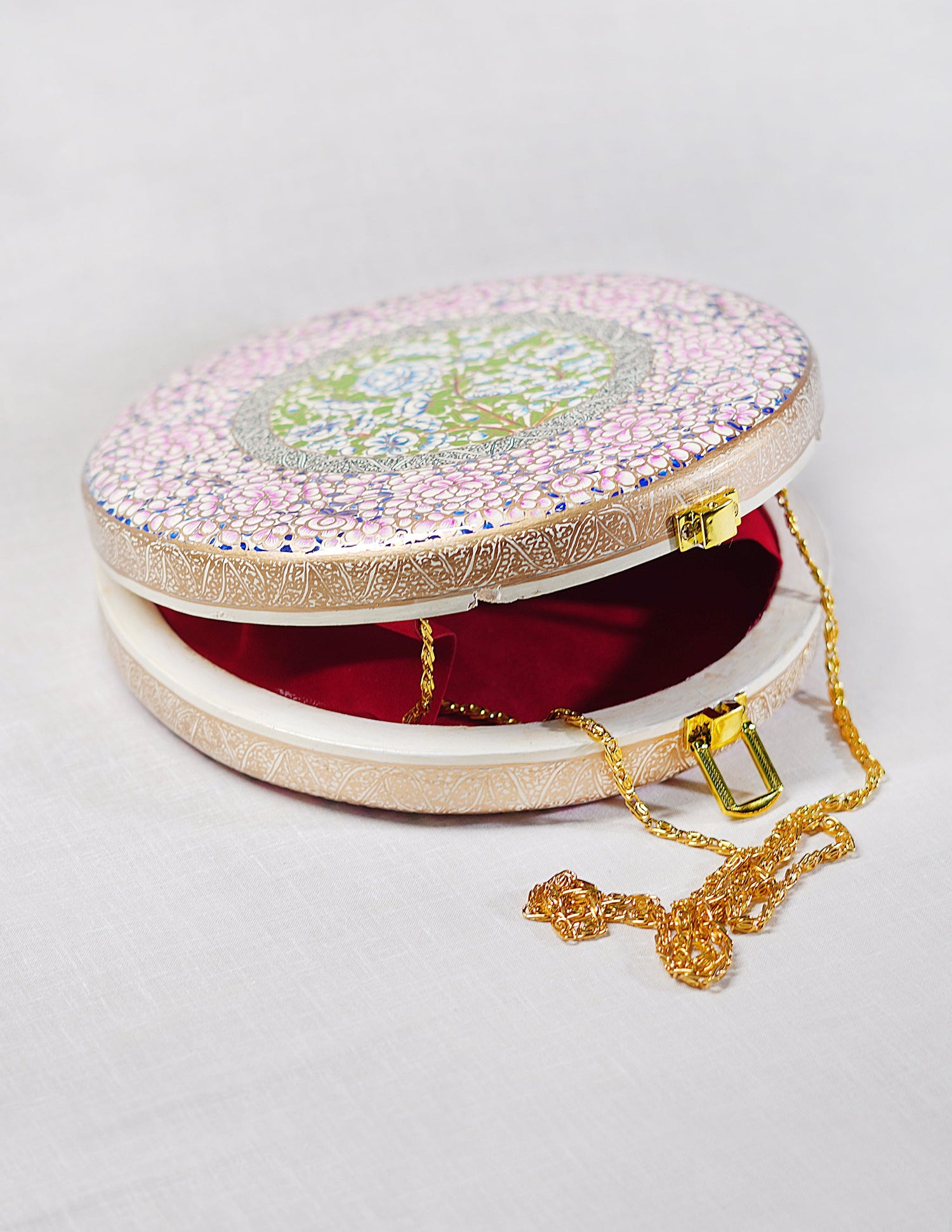 Papier-Mâché Round Clutch — Hand-Painted Design | Ø 20 cm × 4.5 cm (H)