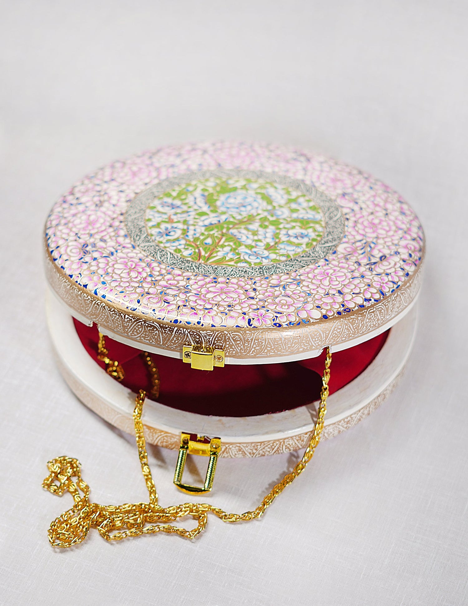 Papier-Mâché Round Clutch — Hand-Painted Design | Ø 20 cm × 4.5 cm (H)