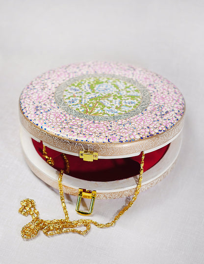 Papier-Mâché Round Clutch — Hand-Painted Design | Ø 20 cm × 4.5 cm (H)