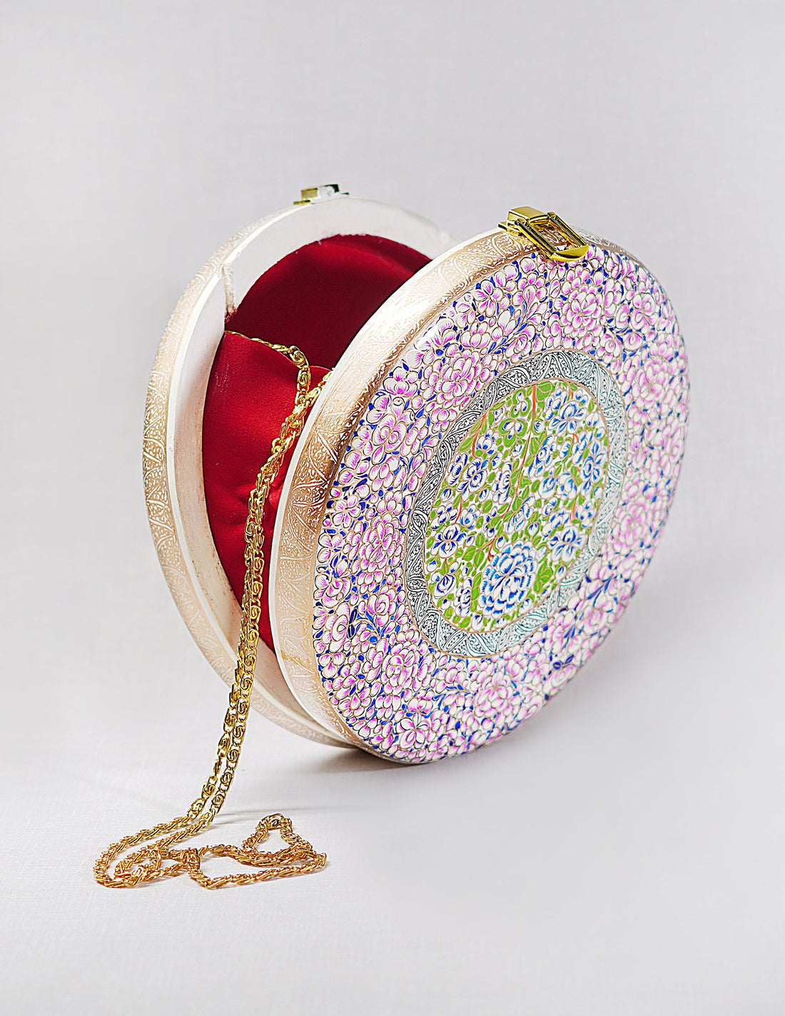 Papier-Mâché Round Clutch — Hand-Painted Design | Ø 20 cm × 4.5 cm (H)